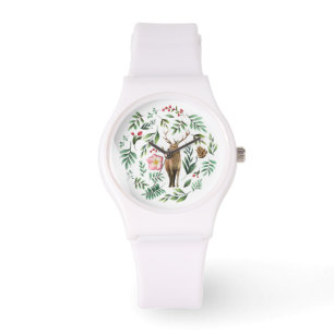 Montre Cerf de la faune aquarelle avec fleurs et feuilles