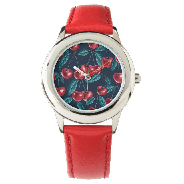 Montre Cerises rouges sur bleu foncé (devant)