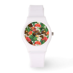 Montre Champignons d'aquarelle et motif de fougères verte