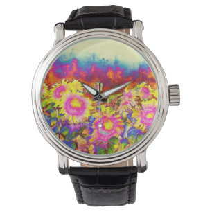 Montre Champs de tournesol rose