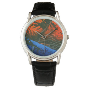 Montre Charbon chaud, volcan, lave, roche bleue sur rouge