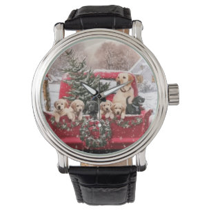 Montre Chariot Rouge Rétro De Noël Avec Chiens De Chien