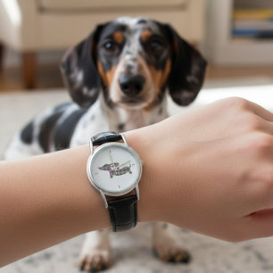 Montre Charme Dachshund intemporel : Bande en cuir gris