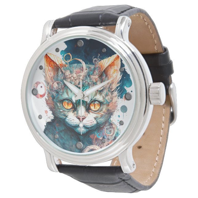 Montre Chat aquarelle en style steampunk (Incliné)