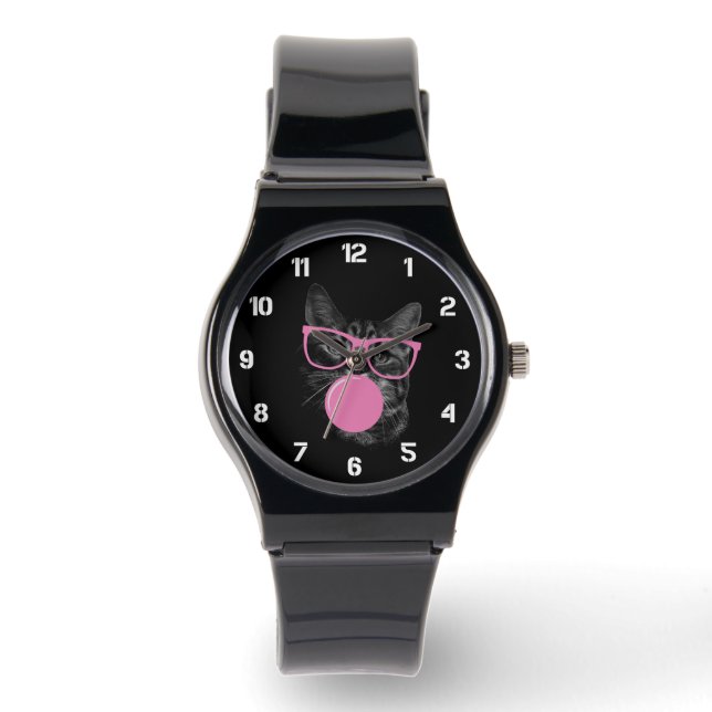 Montre Chat cool avec lunettes roses et gomme à bulles (Recto)