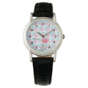 Montre Chat couché mignon rose Monogramme bleu