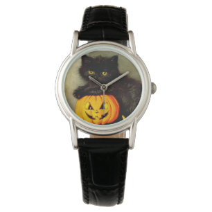 Montre Chat d'Halloween vintage et lanterne Jack-o’
