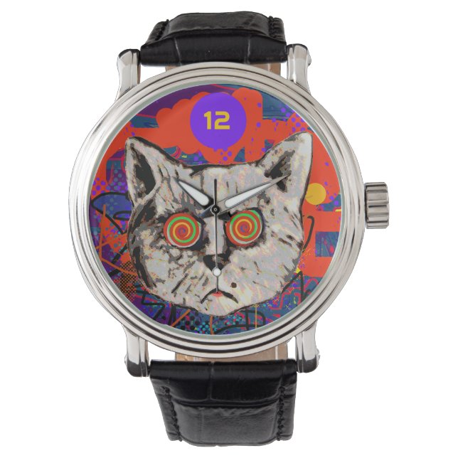 Montre Chat fou aux yeux en spirale (devant)