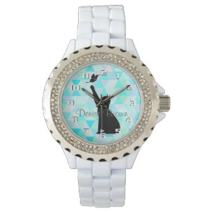 Montre Chat mignon Chasse un papillon Monogramme