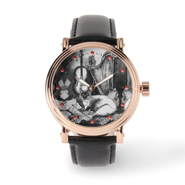 Montre CHAT MUSICALE, OWL, VIOLIN, HARP Black White Red M (Recto)