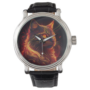 Montre Chat noir avec feu rouge et or Aura