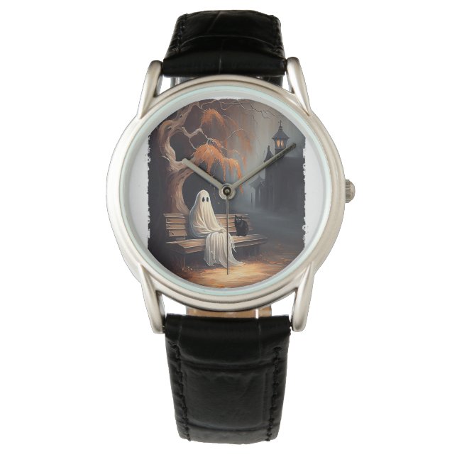 Montre Chat Noir Et Fantôme Assis Sur Le Banc Halloween D (devant)