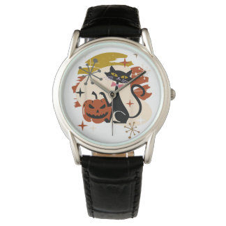 Montre Chat noir et Halloween rétro atomique Citrouille
