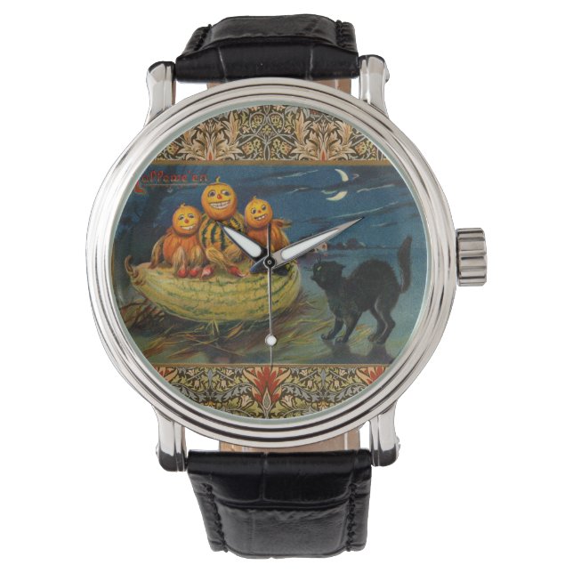 Montre Chat noir vintage Halloween Citrouille (devant)