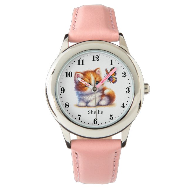 Montre Chat papillon mignonne filles ajouter nom Watch (devant)