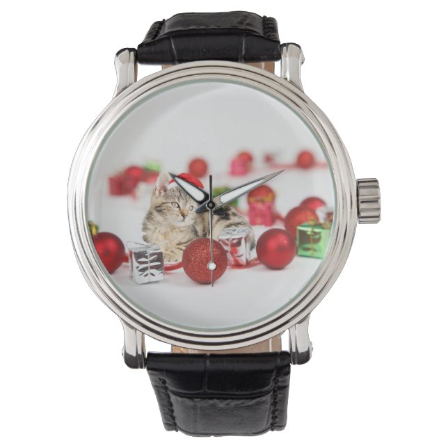 Montre Chat portant le chapeau rouge du Père Noël (devant)