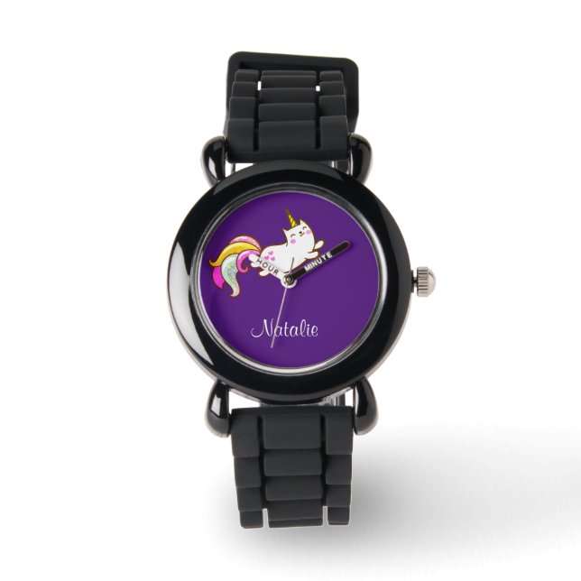 Montre Chat unicorne drôle en violet - ajouter le nom (Recto)