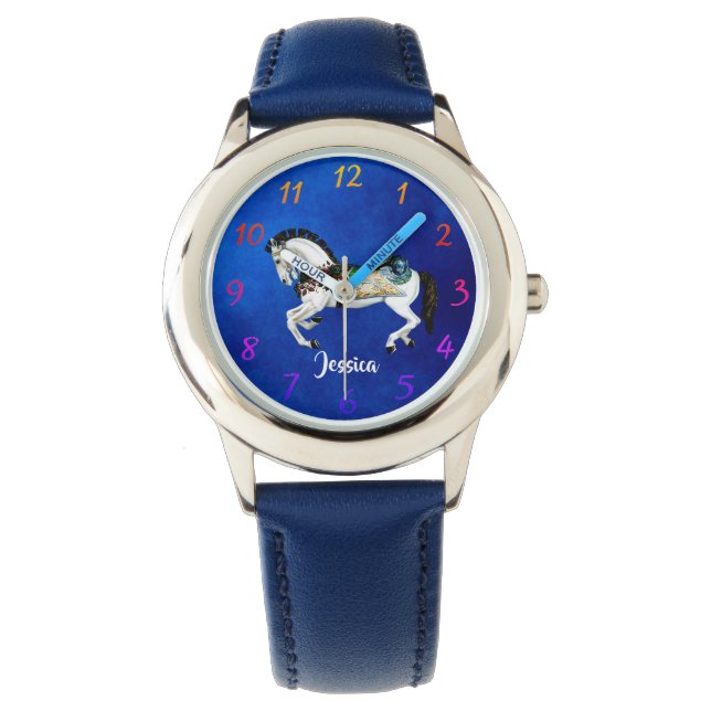 Montre Cheval De Carrousel Blanc Amusant Sur Bleu (devant)