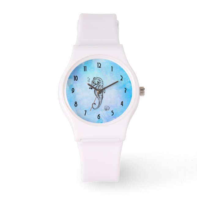 Montre Cheval de mer et coquillage sur l'aquarelle bleue (Recto)