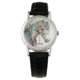 Montre Cheval et fleurs d'aquarelle moderne