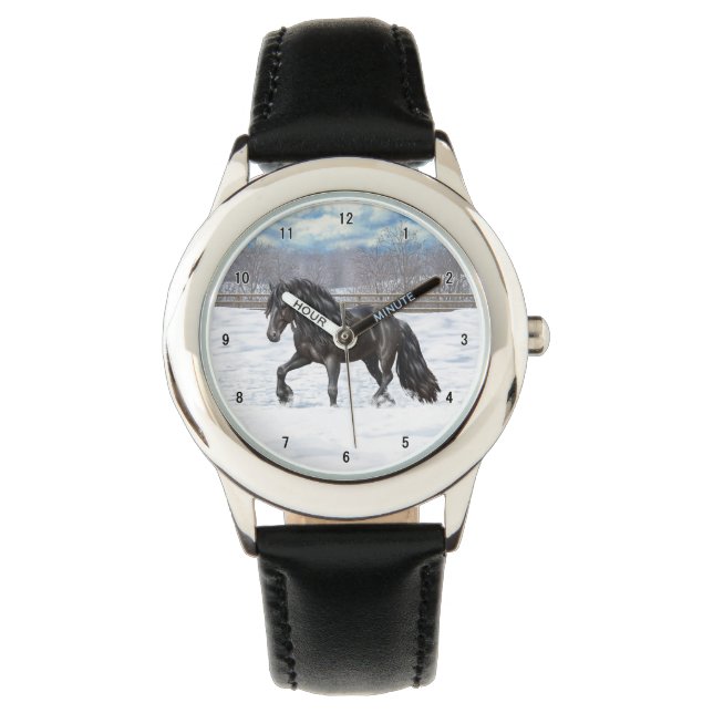 Montre Cheval Noir Friésien En Neige (devant)