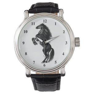 Montre Cheval sauvage noir droit - Dessin Art - Moderne