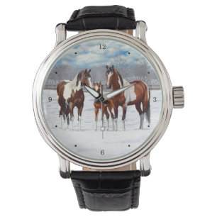 Montre Chevaux De Peinture De Baie Pinto En Neige D'Hiver
