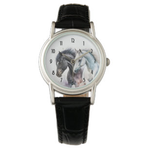 Montre Chevaux noir et blanc en aquarelle