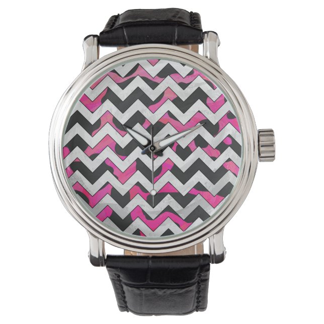Montre Chevron Cow Hot rose et noir (devant)