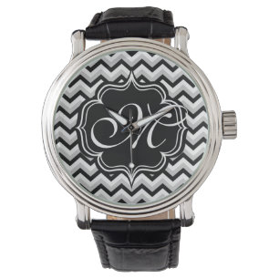 Montre Chevron moderne noir et blanc ZigZag Monogramme