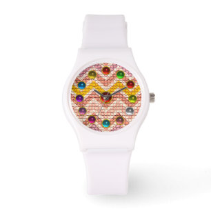MONTRE CHEVRONS BLANCS JAUNES ET PIERRES COLORÉES