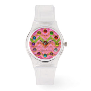 MONTRE CHEVRONS ROSE VERT ET PIERRES COLORÉES