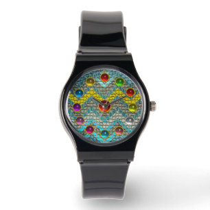 MONTRE CHEVRONS TURQUOISES JAUNES GRIS BLEUS GRIS JAUNES
