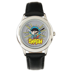 Montre Chibi Superman Frappant À Travers Un Mur De Brique