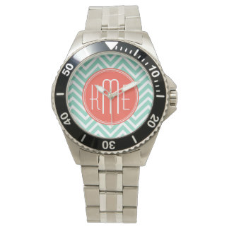 Montre Chic Aqua Green Chevron et Orange Custom Monogram