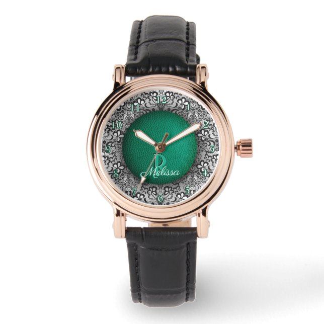 Montre Chic en cuir vert et dentelle noire monogrammé (Recto)