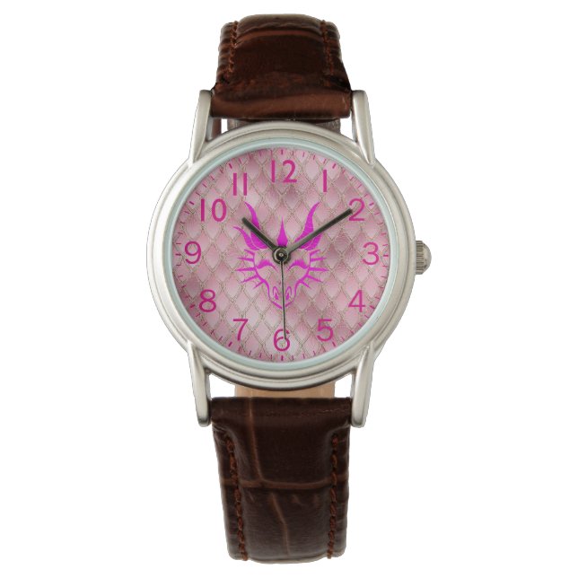 Montre Chic Tête de Dragon Noir & Scales de Dragon Rose (devant)