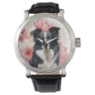 Montre Chien Border Collie et lis roses gras