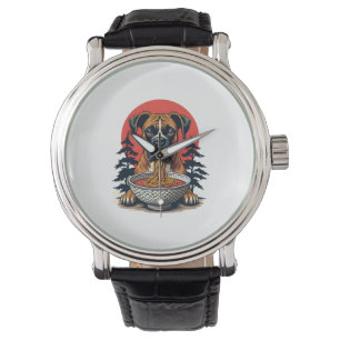 Montre Chien Boxer Vintage Mangeant Ramen Coucher de Sole