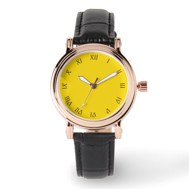Montre Chiffres romains de script noir sur blanc jaune (Recto)