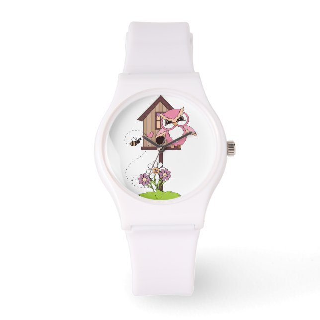 Montre Chouette à hotte rose mignonne et maison d'oiseaux (Recto)