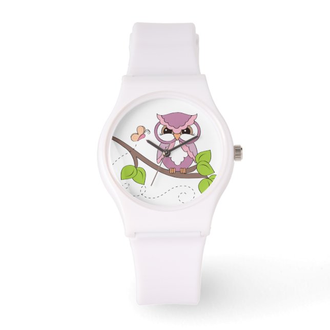 Montre Chouette à hotte rose mignonne sur branche (Recto)