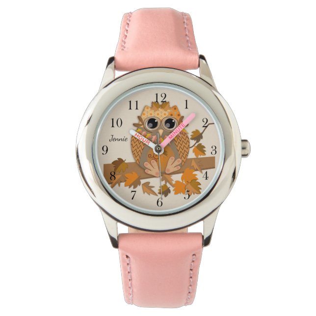 Montre Chouette automne mignonne avec nom personnalisé nu (devant)