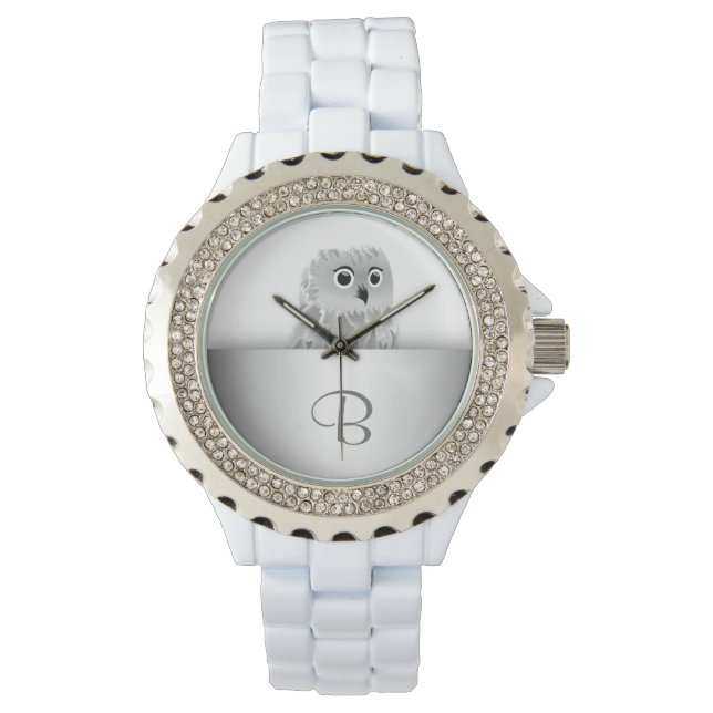 Montre Chouette blanche Monogramme d'argent animal (devant)