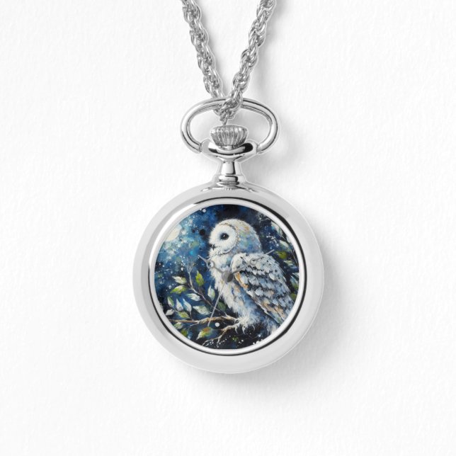 Montre Chouette blanche sur branche dans la peinture lune (Recto)