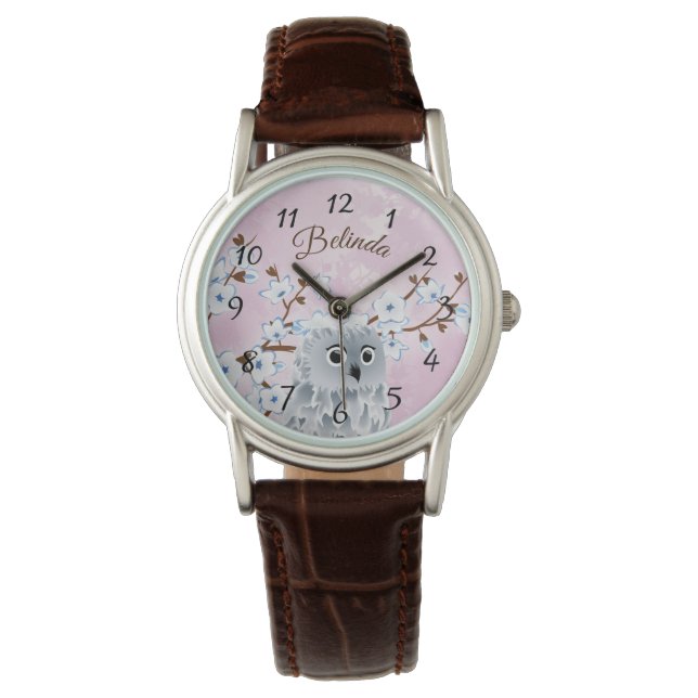 Montre Chouette Bleu rose Fleurs de cerisiers Numéros Mon (devant)