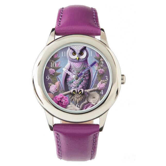 Montre Chouette d'Imaginaire détaillée sur un lit d'épine (devant)
