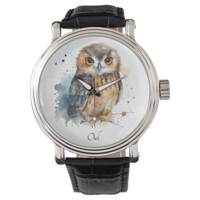 Montre Chouette mignonne en aquarelle, personnalisable (devant)