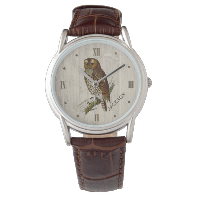 Montre Chouette sur bois look personnalisé (devant)