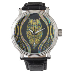 Montre Chouette tribale d'or sur Motif d'ormeau de Boho